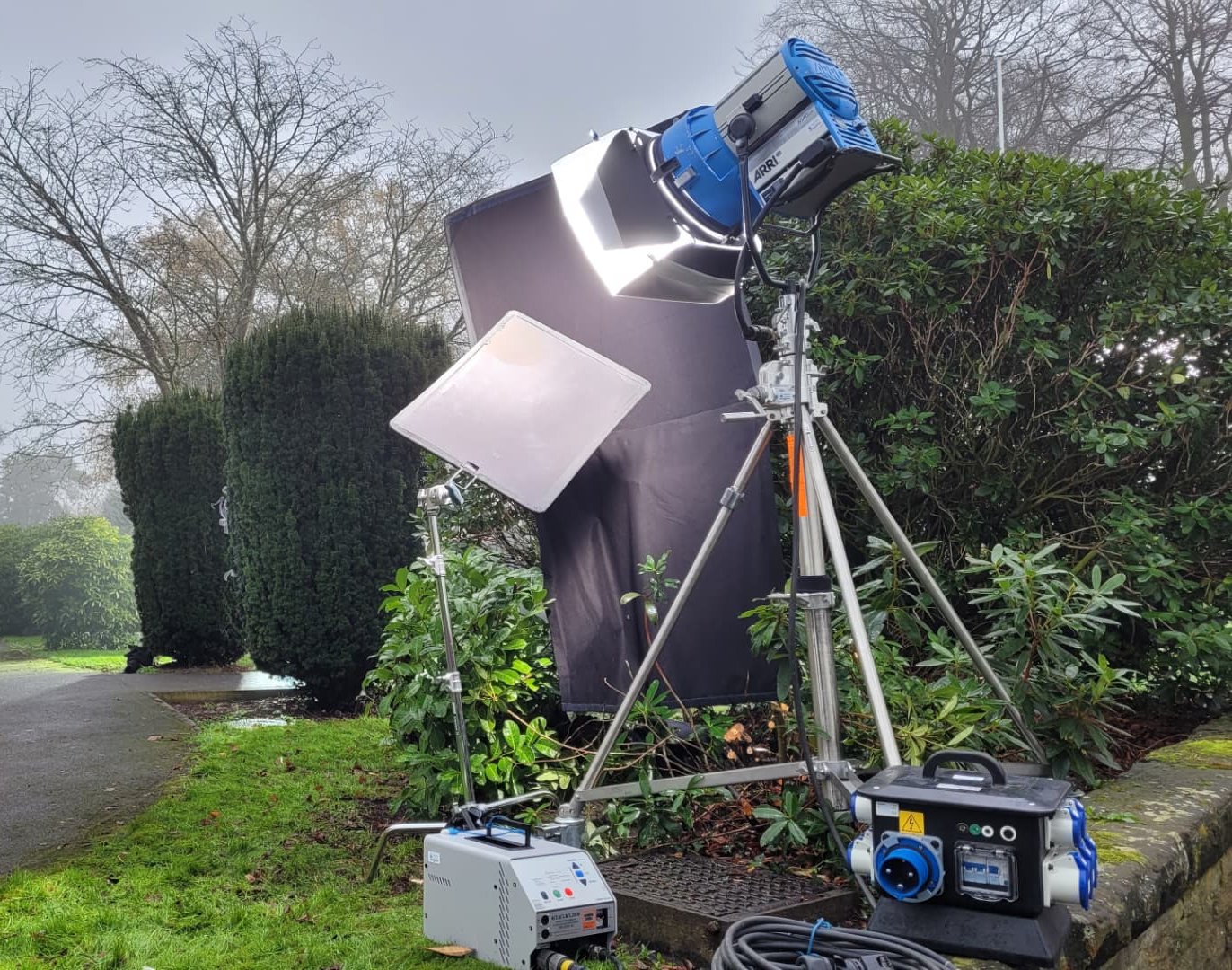 Location lighting for a film shoot powered on site