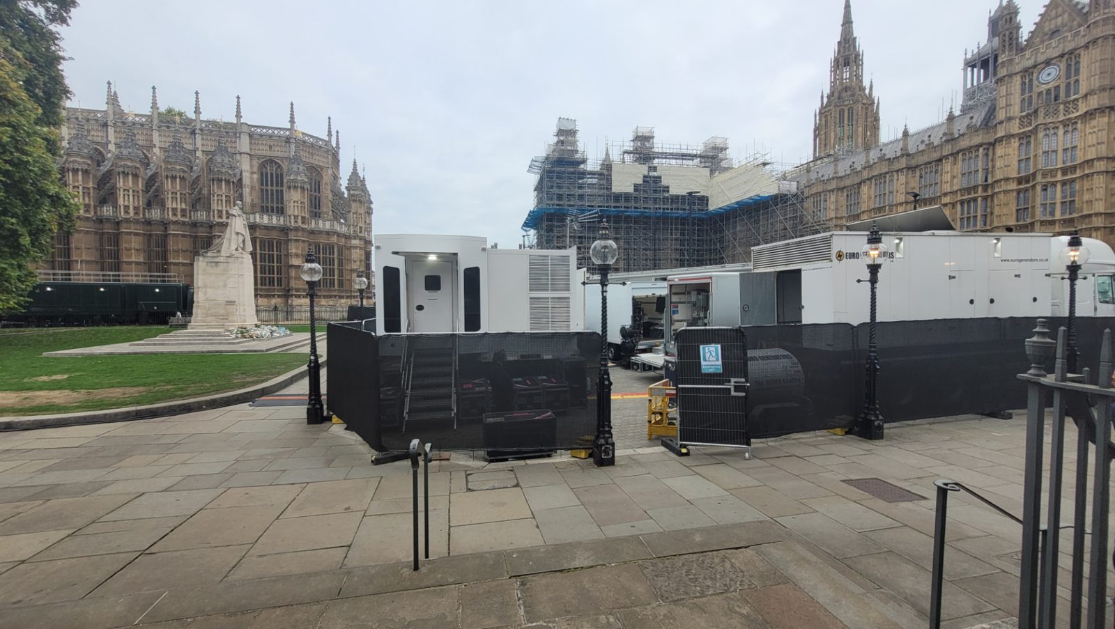 Euro Generators sets outside the Palace of Westminster